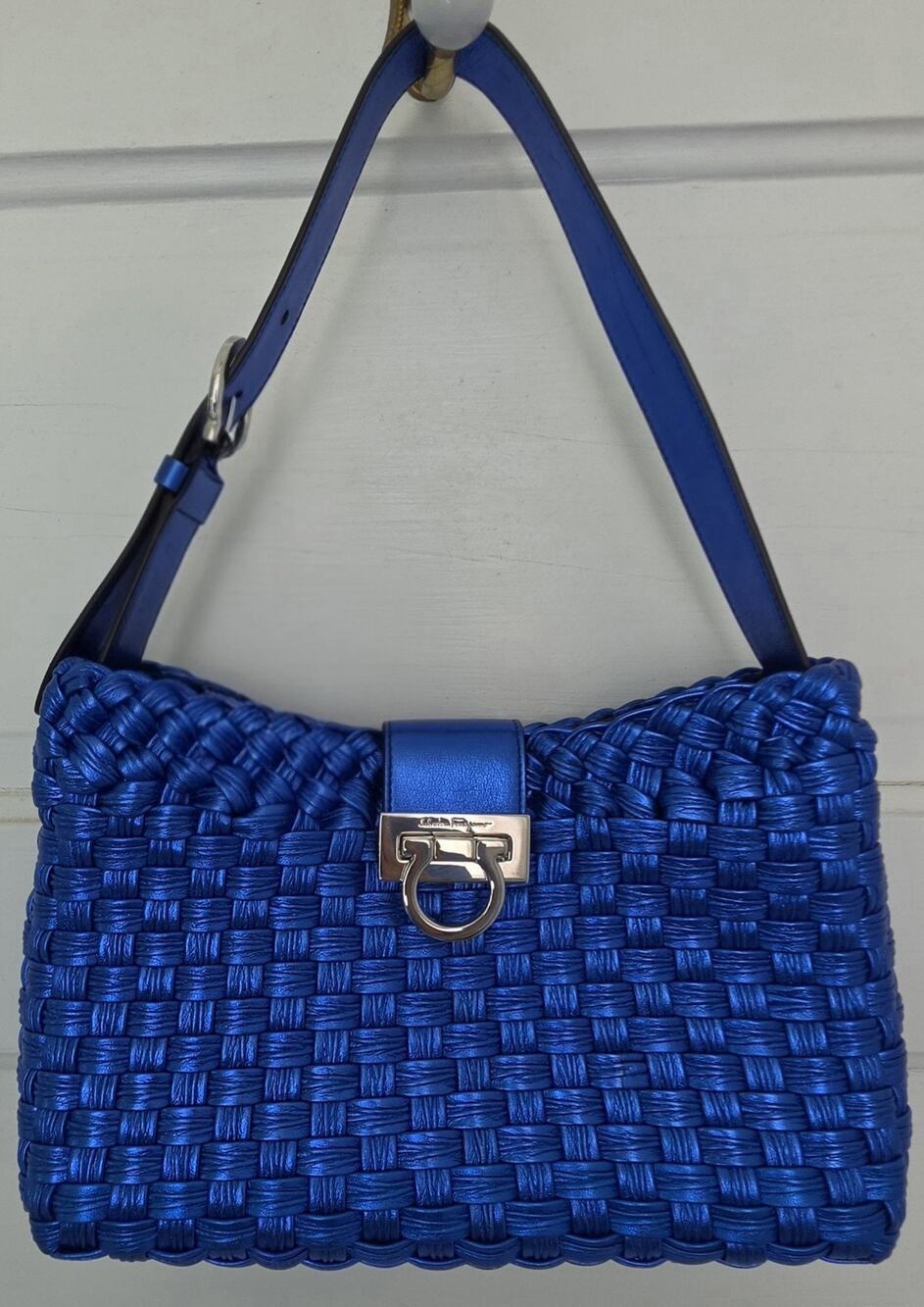 Salvatore Ferragamo Metallic Blue Leather Shoulder Bag Gancini Silver HW w/COA - Picture 1 of 11